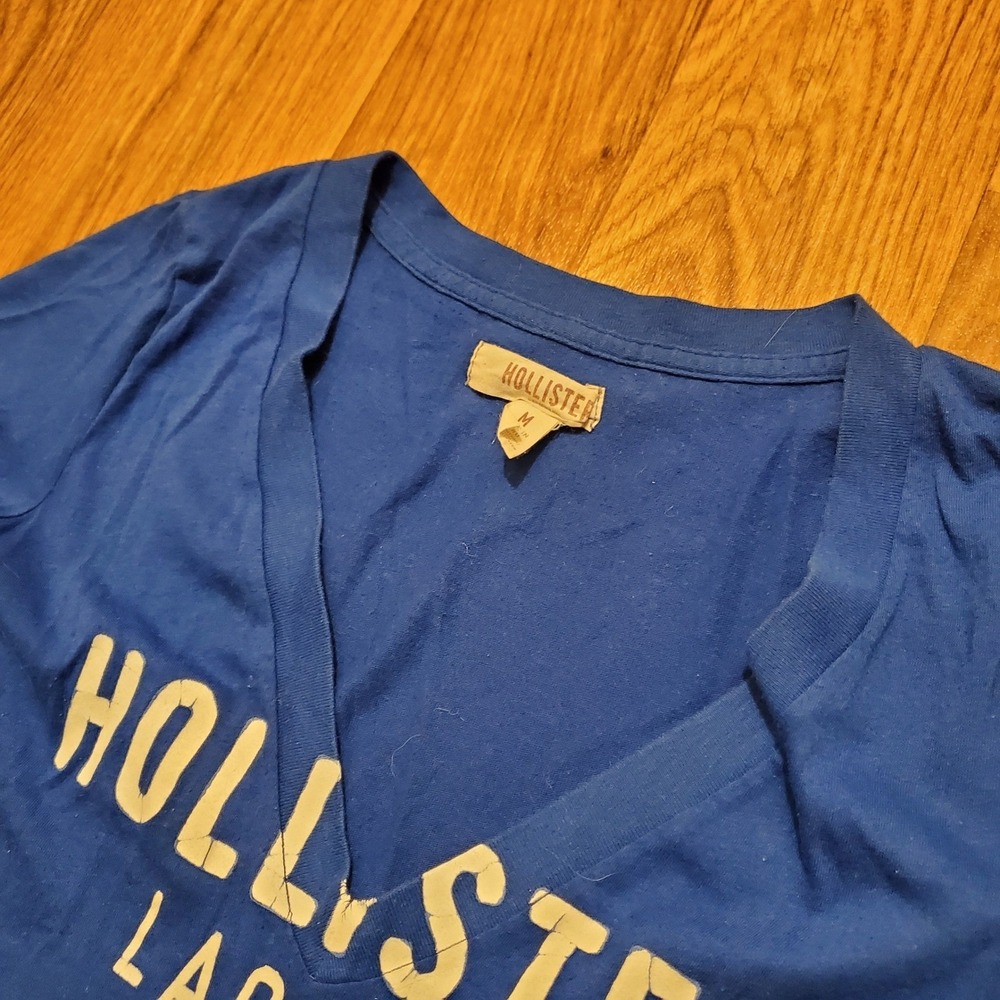 Vintage Hollister Shirt Women Medium Blue Laguna Beach V-Neck Short Sleeve Y2K